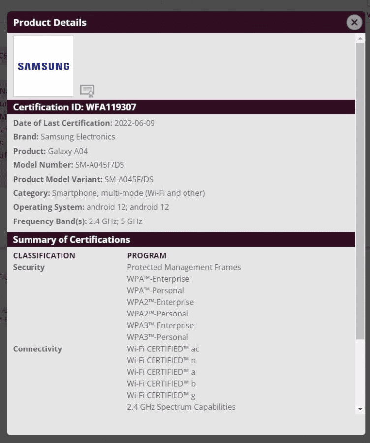 Samsung Galaxy A04 appears on Wi-Fi Alliance