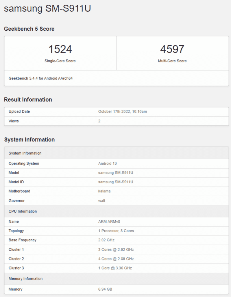 Samsung Galaxy S23 passes by Geekbench with Snapdragon 8 Gen 2