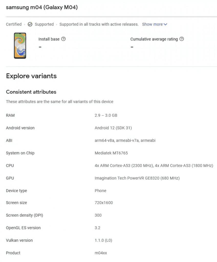 Samsung Galaxy M04 appears on Google Play Console