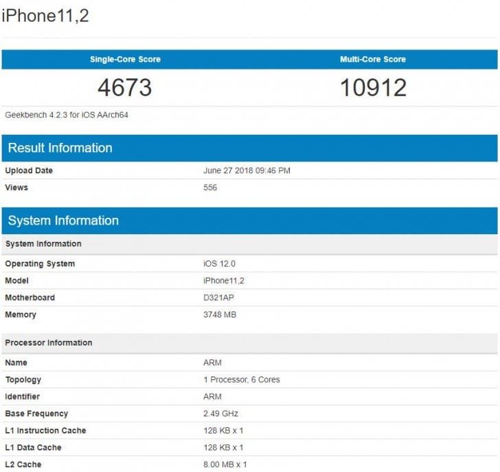 iPhone 2018  with iOS 12 and 4GB of RAM spotted on Geekbench