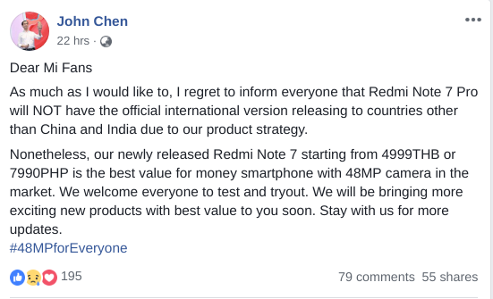 Redmi Note 7 Pro to remain exclusive to India and China