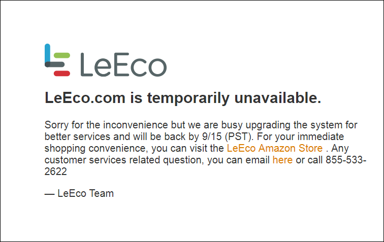 LeEco's US website shuts down... until further notice?