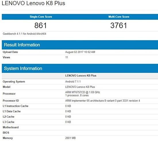 Lenovo K8 Plus hits Geekbench with Helio P25 SoC