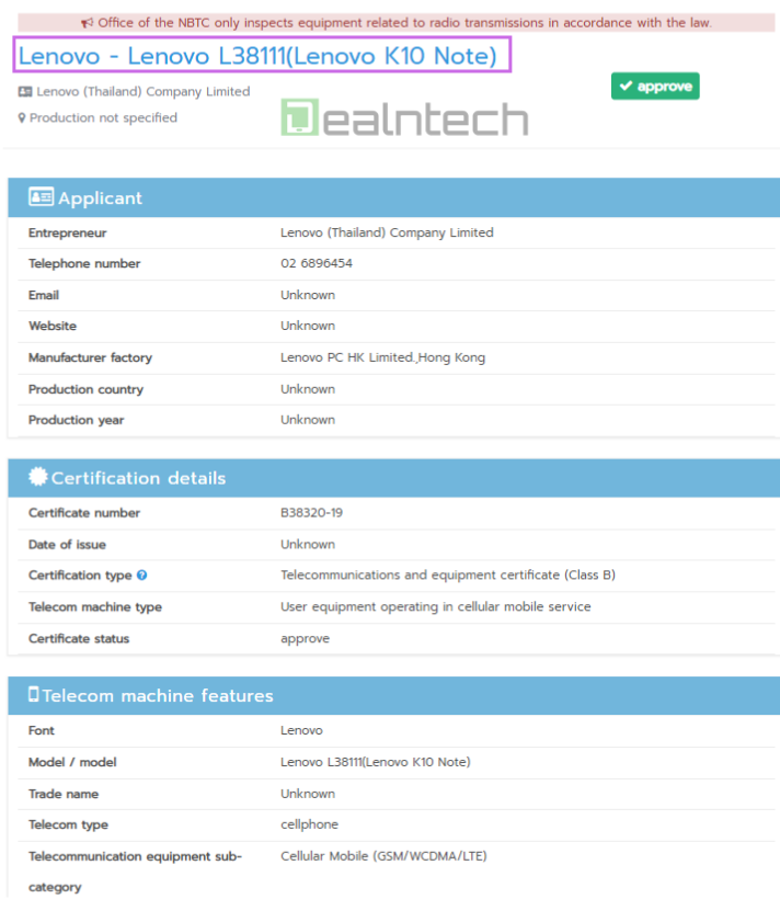 Lenovo K10 Note's NBTC listing suggests it's a rebranded K6 Lite