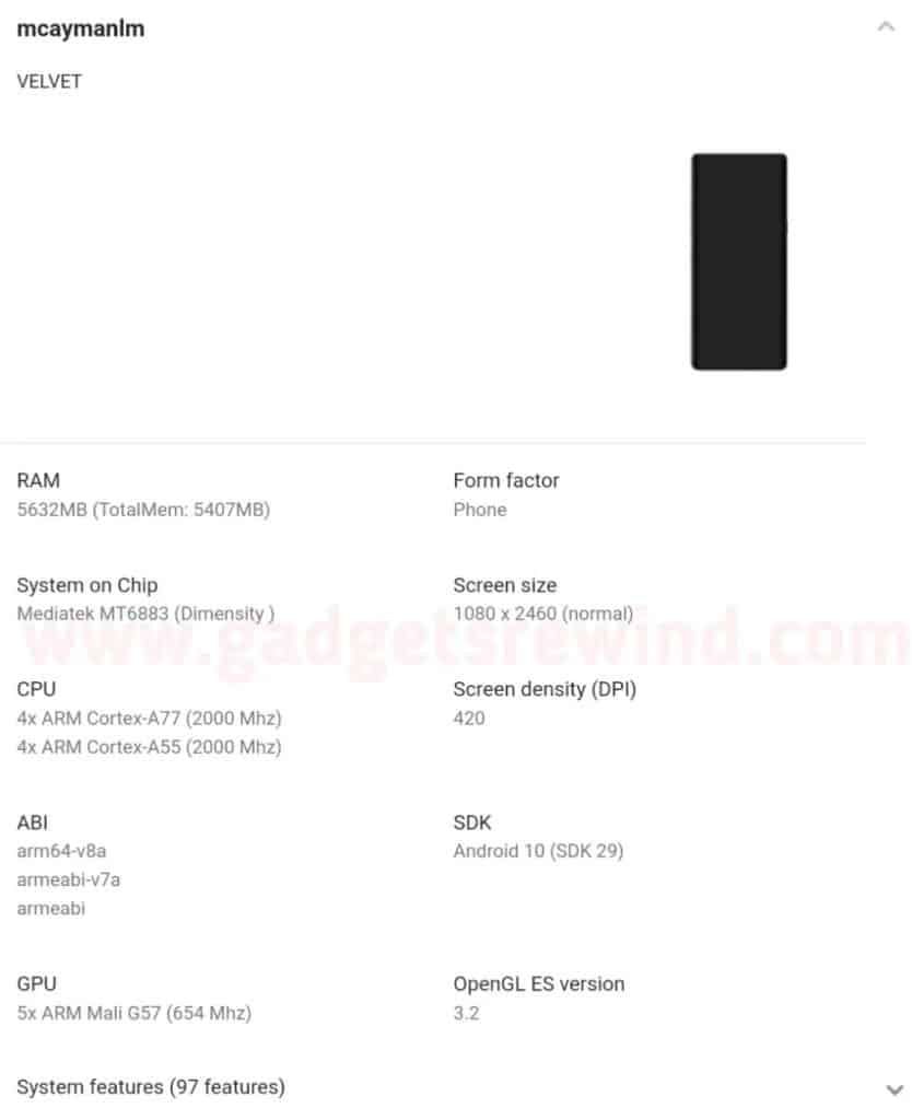 LG Velvet 5G surfaces with Dimensity 800, 6GB RAM on Google Play Console