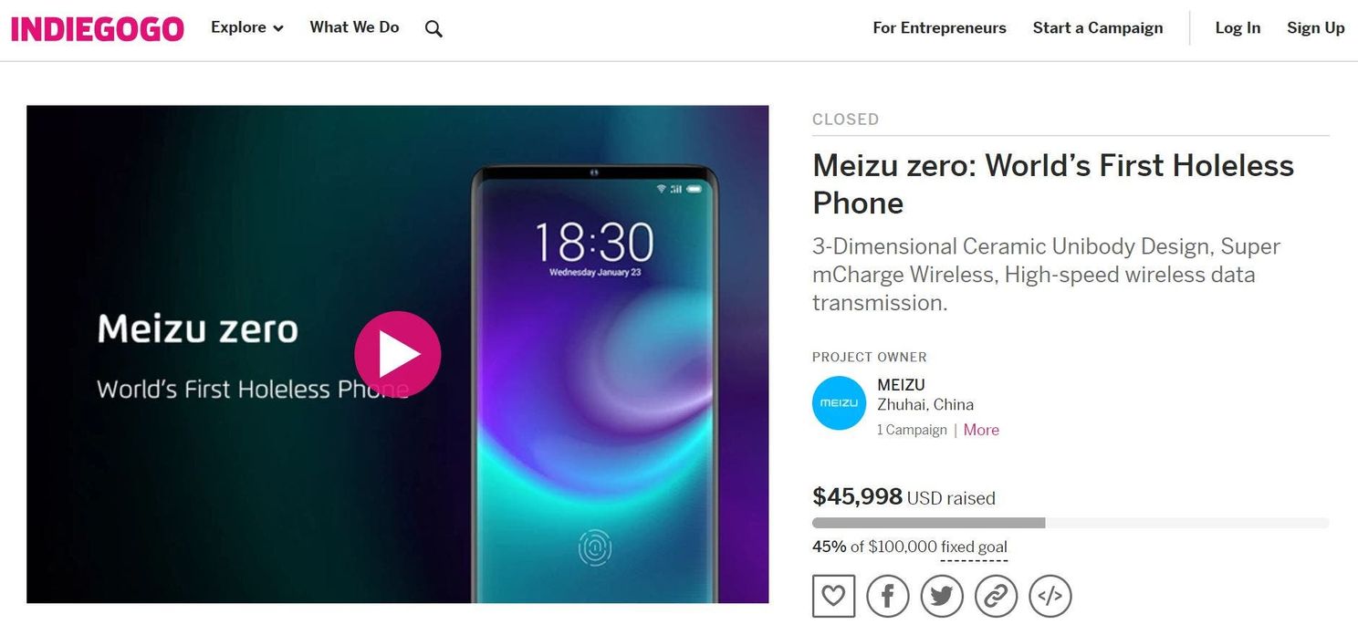 Meizu Zero crowdfunding makes only 45% of its goal