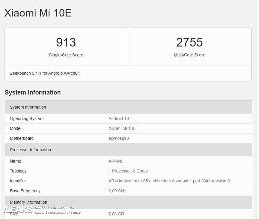 Xiaomi Mi 10e with Exynos 990 processor spotted on Geekbench