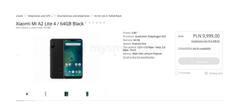 Xiaomi Mi A2 Lite is for real, appears on polish e-commerce website