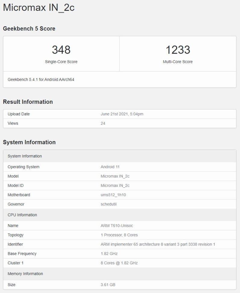 Micromax In 2b and In 2c pass through Geekbench with Unisoc chip