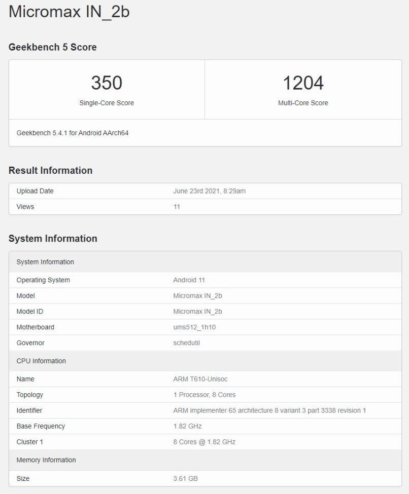 Micromax In 2b and In 2c pass through Geekbench with Unisoc chip