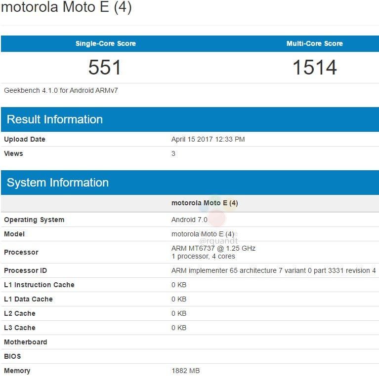 Moto E4 shows up on GeekBench