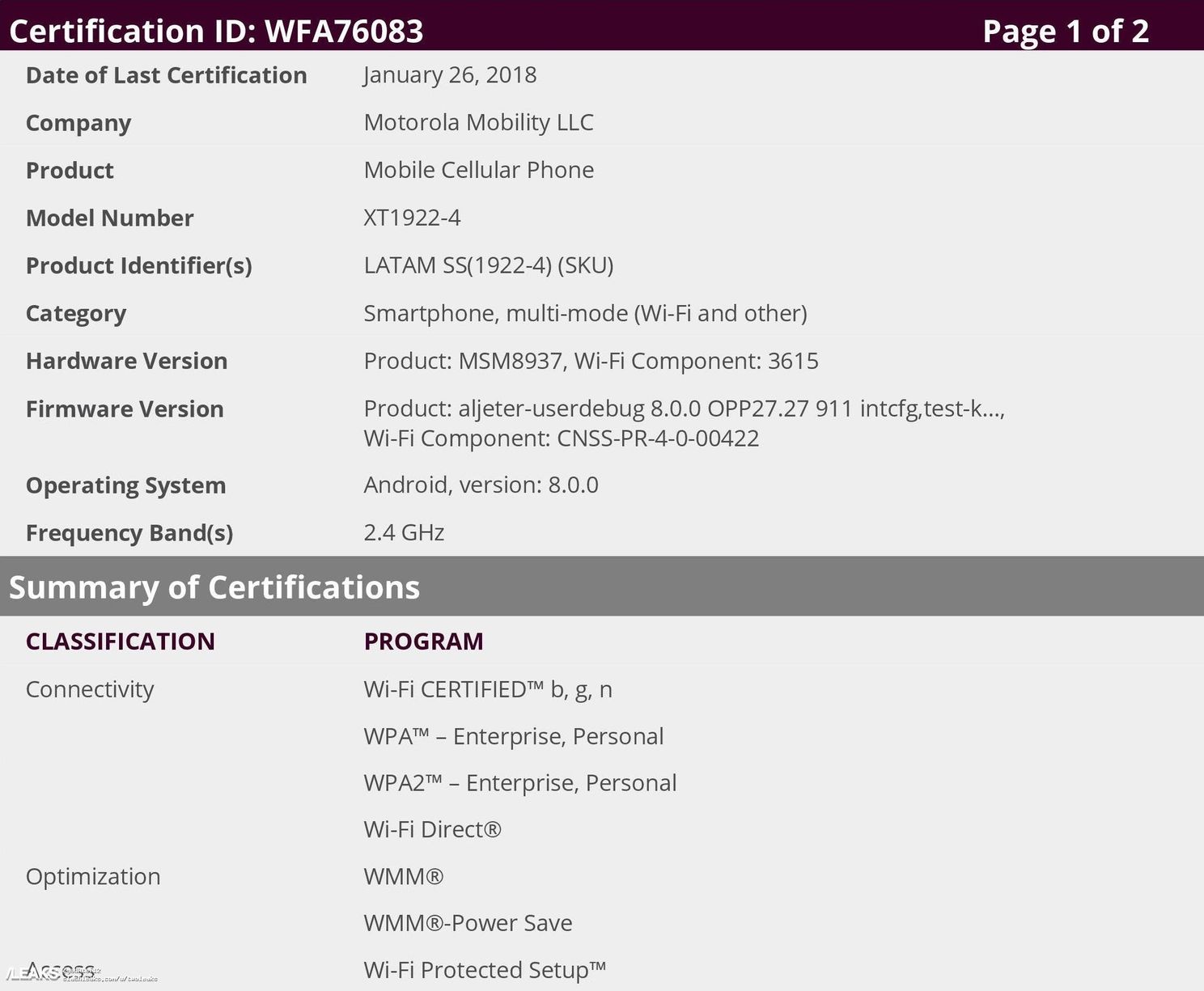 Alleged moto E5 with XT1922 model number gets Wi-Fi certification