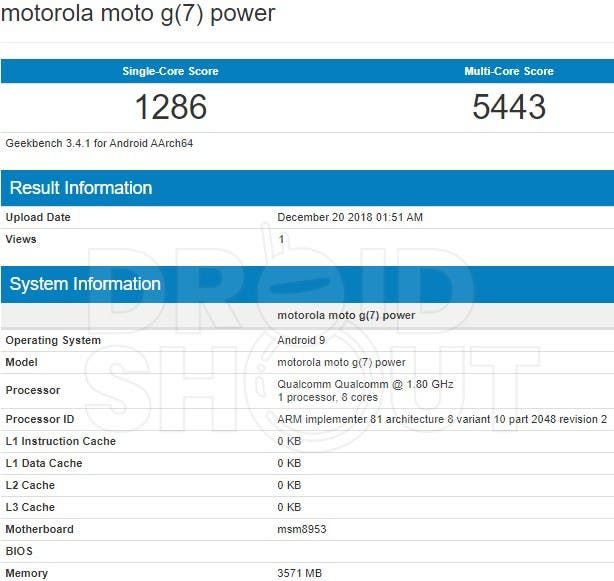 Moto G7 Power with SD 625 spotted on Geekbench