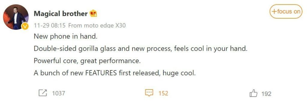 Lenovo's GM posts from a Motorola Edge X30 with Snapdragon 8 Gen 1