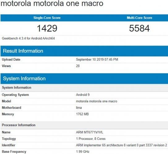 Motorola One Macro appears with a notch and MediaTek processor