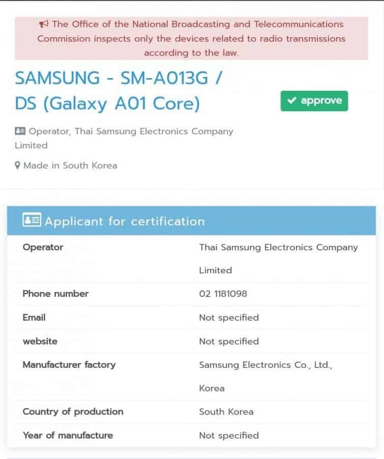 Samsung Galaxy A01 Core gets Thailand's NBTC certification