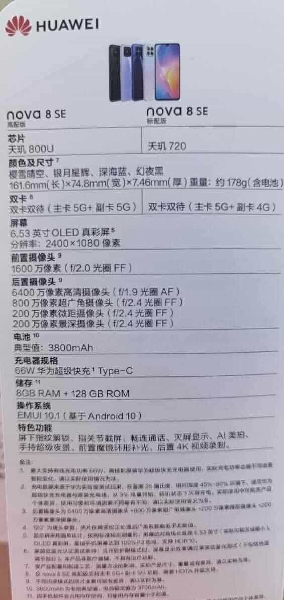 The full specs of the Huawei Nova 8 SE have been revealed