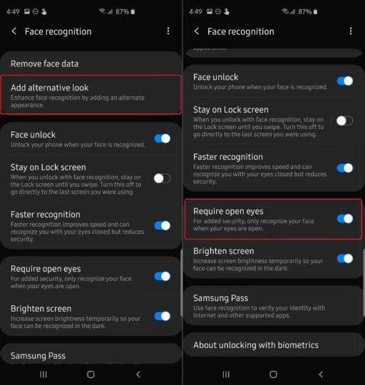 Samsung One UI 2.0 improves facial recognition, allowing you to register different looks