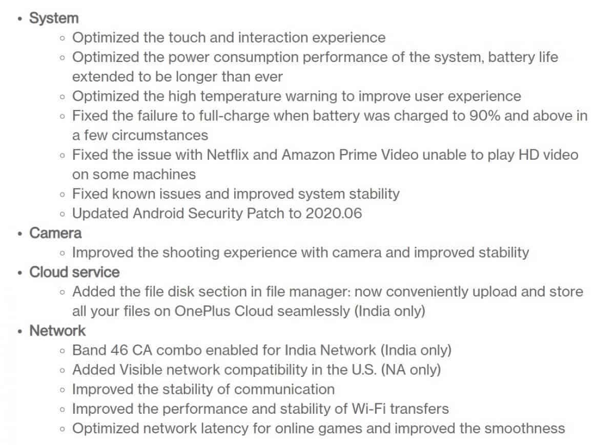 OnePlus8 update changelog