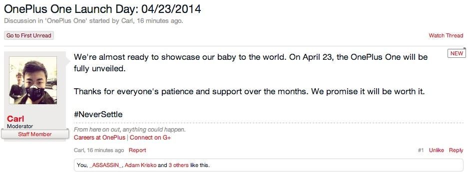 OnePlus will launch the OnePlus One on 23rd April