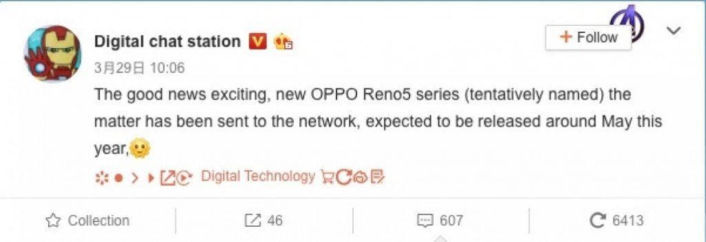 Oppo Reno 5 will be revealed in May