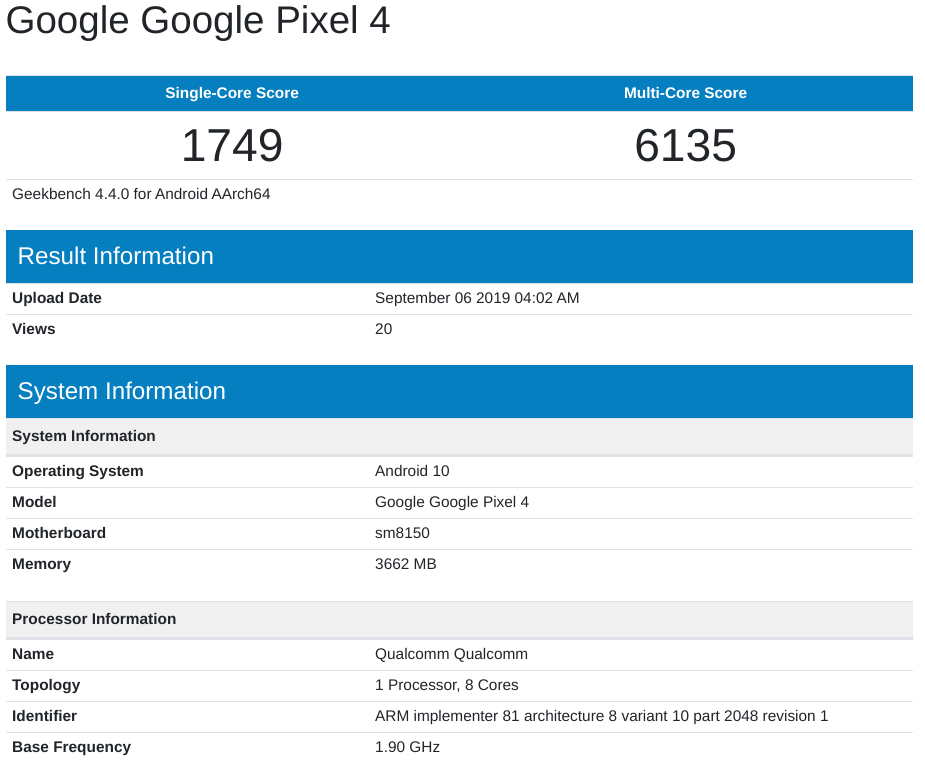 Purported Google Pixel 4 spotted on Geekbench with very low scores