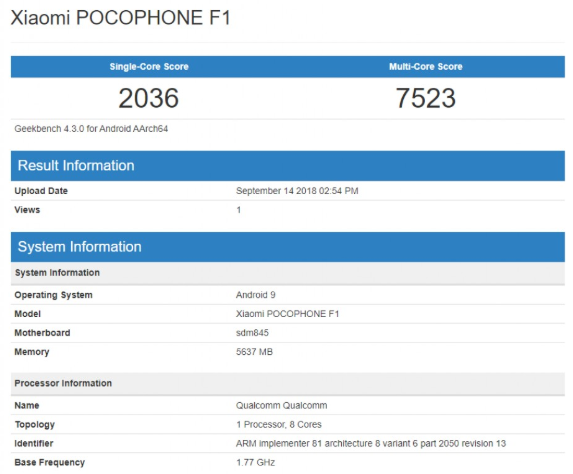 POCO F1 with Android Pie shows up on Geekbench