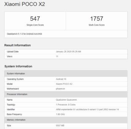POCO X2 Appears on GeekBench Listing with 6GB and 8GB RAM Variants