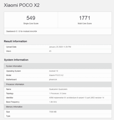 POCO X2 Appears on GeekBench Listing with 6GB and 8GB RAM Variants