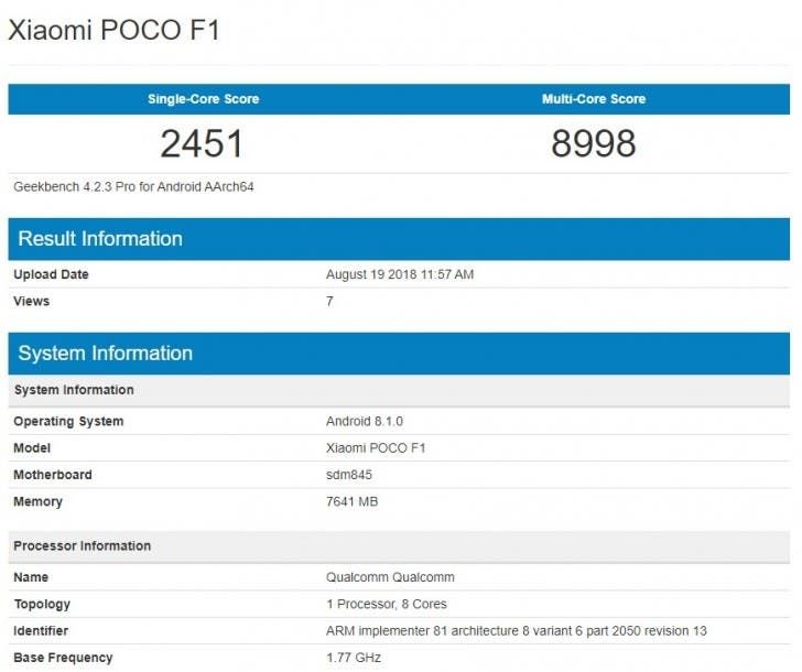 Xiaomi Pocophone F1 gets benchmarked with 8GB RAM