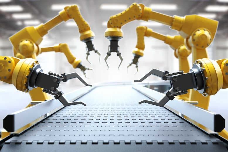 Industrial robotic arms with empty conveyor belt 3D rendering