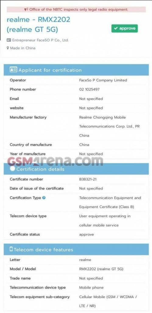Realme GT 5G gets certified by NBTC, Launching internationaly soon?