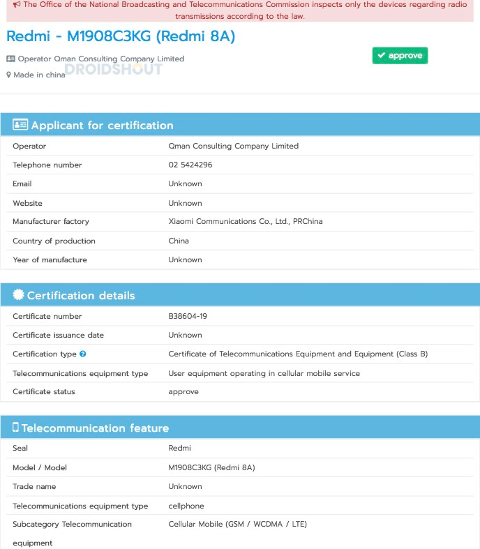 Redmi 8A spotted on NBTC, launch looks close