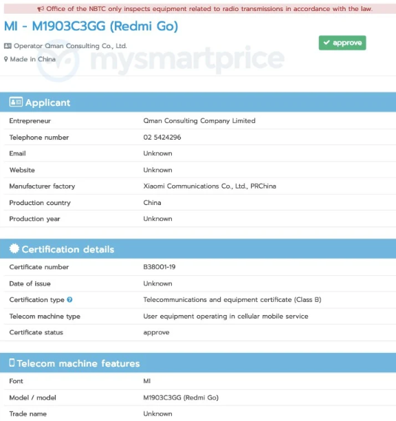 Redmi Go moniker confirmed, bags NBTC approval in Thailand