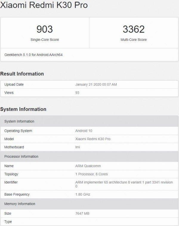 Redmi K30 Pro surfaces at GeekBench with Snapdragon 865 and 8GB of RAM