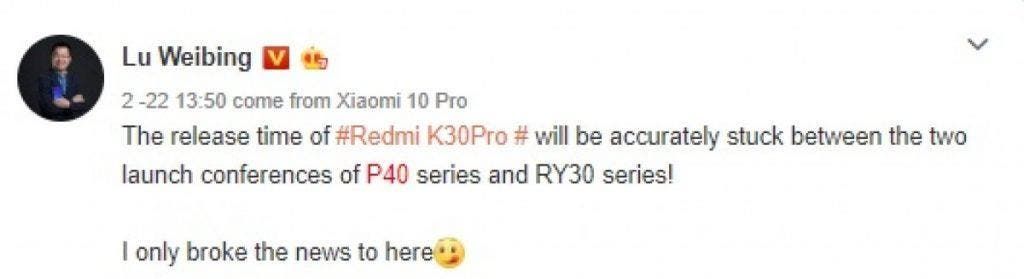 Redmi K30 Pro will debut in the end of March