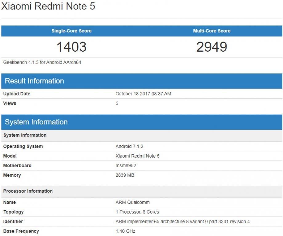 Xiaomi Redmi Note 5 hits Geekbench with strange chipset!