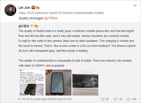 Redmi Note 8 survives a fall from the 8th floor