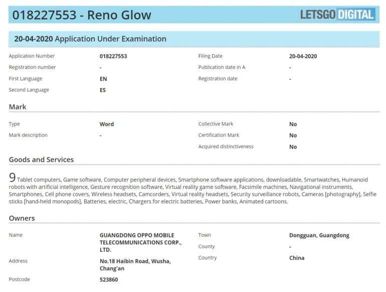 Oppo trademarks "Reno Glow" moniker in Europe