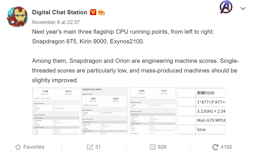 Snapdragon 875, Kirin 9000, & Exynos 2100 running points appears online