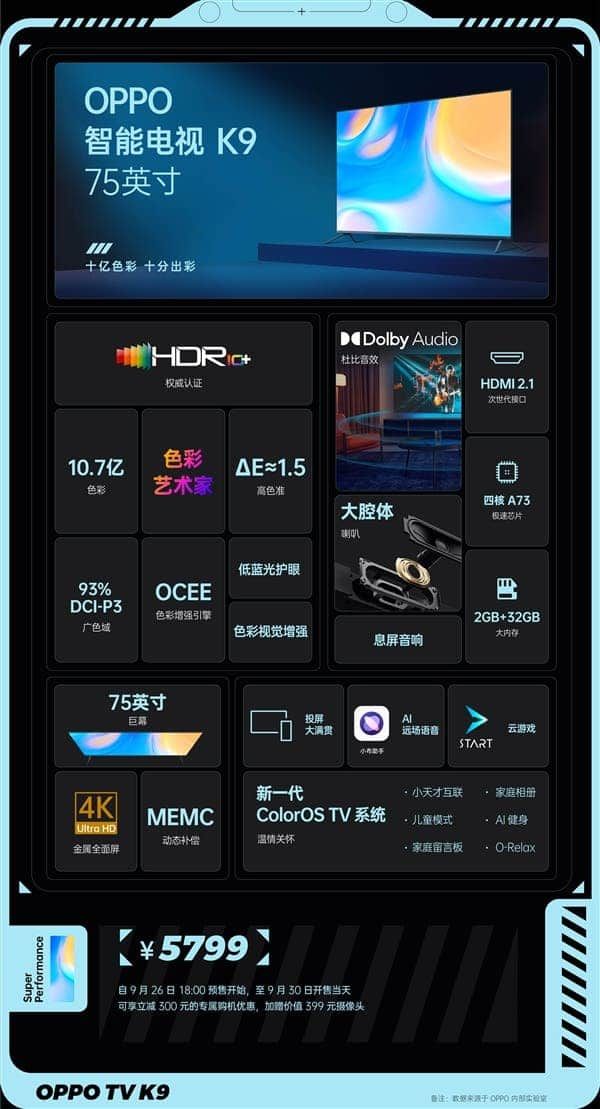 OPPO K9 75-inch Smart TV Announced At 5799 Yuan ($897)