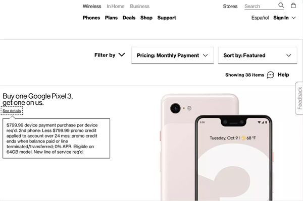 Google Pixel 3 price : 64GB version at $799
