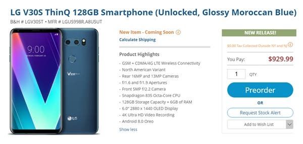 LG V30S ThinQ Available for Pre-Order in US at $929.99