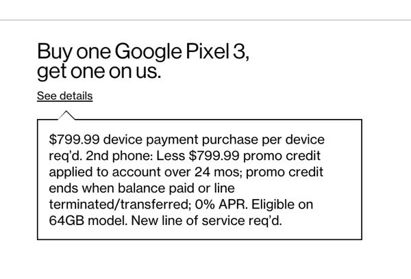 Google Pixel 3 price : 64GB version at $799