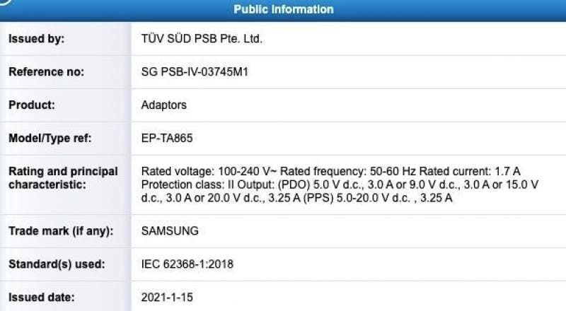 Samsung 65W charger bags TUV SUD certification