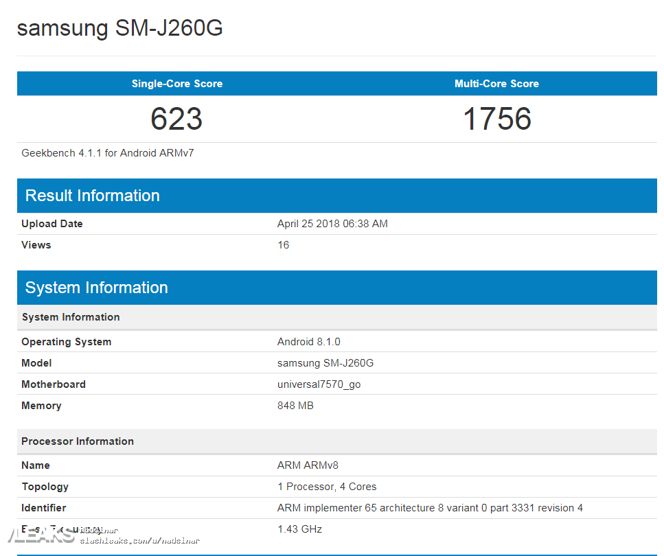 Samsung Android Go phone (SM-J260G) shows up on Geekbench