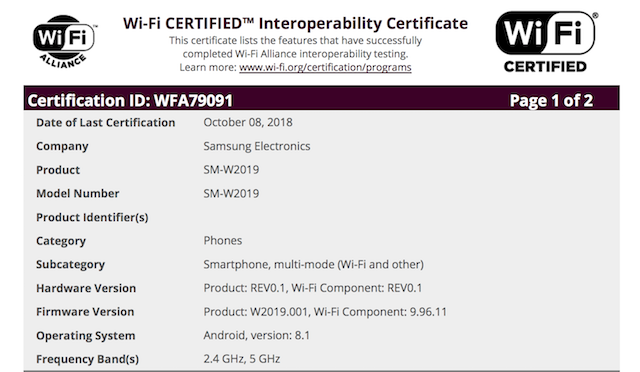 Samsung W2019 flip phone gets certified with Android 8.1 Oreo