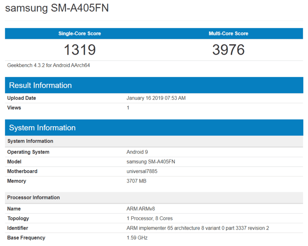 Samsung Galaxy A40 spotted on Geekbench with Exynos 7885 SoC and 4GB of RAM