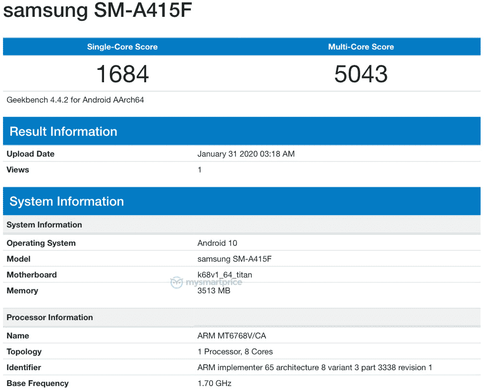 Samsung Galaxy A41 spotted on Geekbench with a MediaTek processor