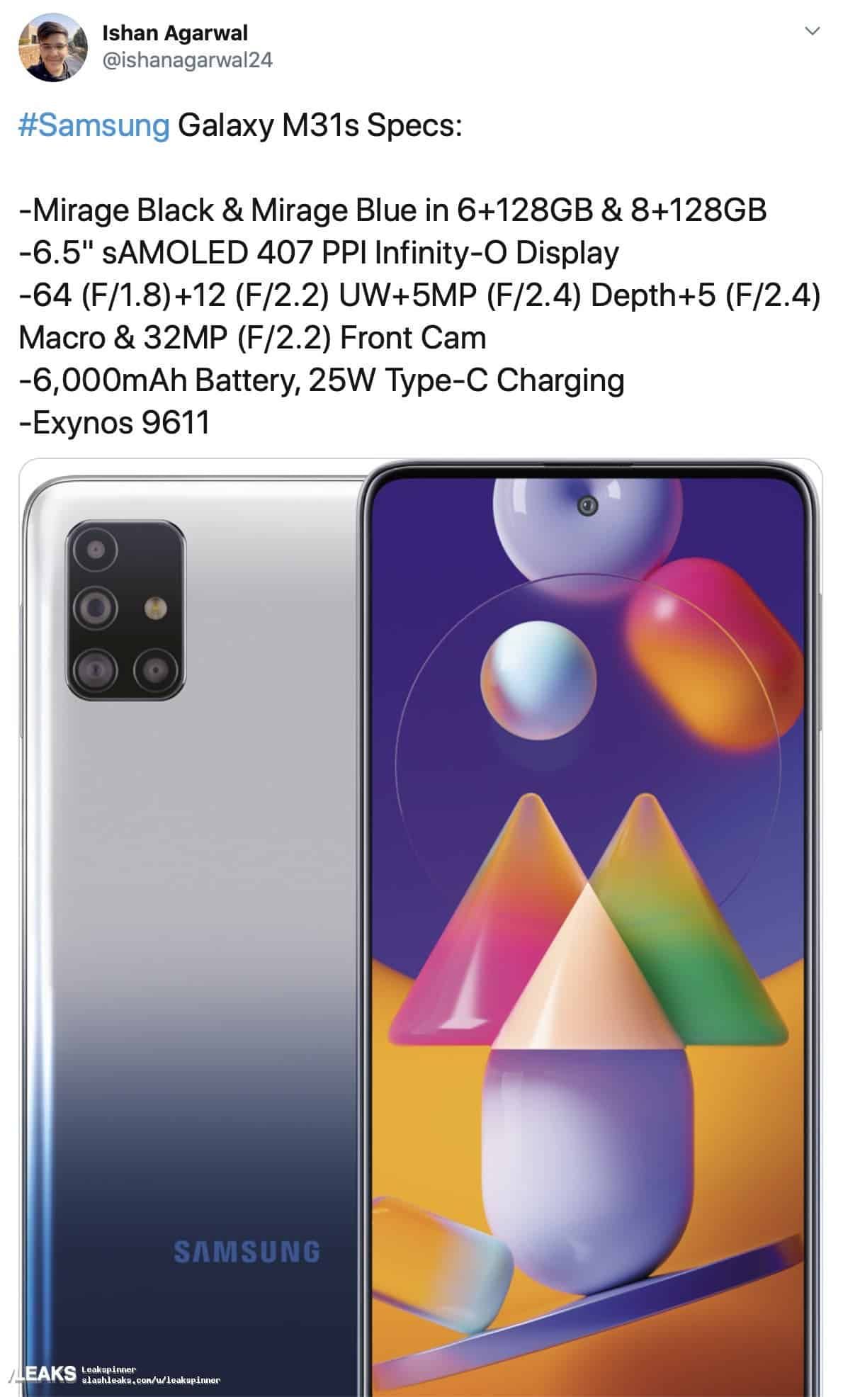 The full specifications of the upcoming Galaxy M31s has leaked